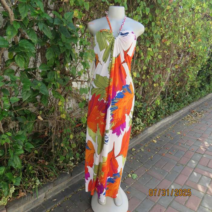 KLESSMANN white stretch polyester with orange-purple-green bold feather print size 36 halter dress.
