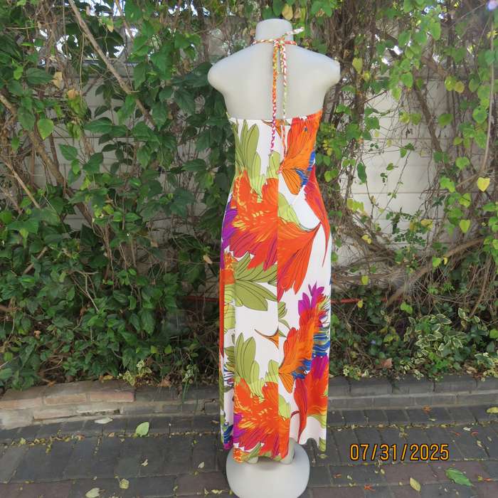 KLESSMANN white stretch polyester with orange-purple-green bold feather print size 36 halter dress.