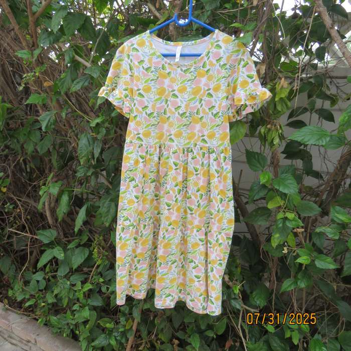 EXACT Kids slip over white cotton stretch dress with yellow-green print. For 11-12 year old