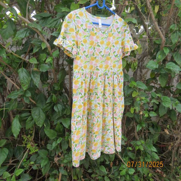 EXACT Kids slip over white cotton stretch dress with yellow-green print. For 11-12 year old