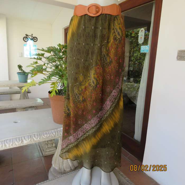 J brand ethnic straight lined sheer polyester skirt in shades of green-gold-red. Size 40