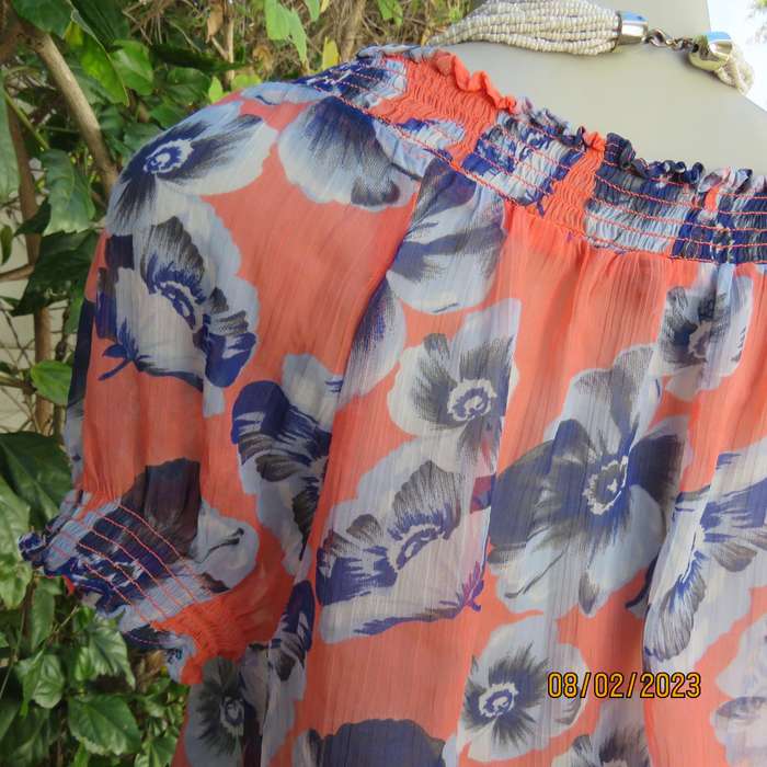PAPAYA sheer polyester top in salmon with blue flowers. Wide elasticated neckline.Size 38