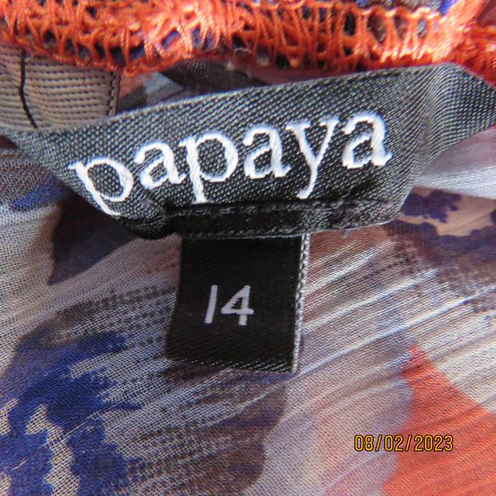 PAPAYA sheer polyester top in salmon with blue flowers. Wide elasticated neckline.Size 38