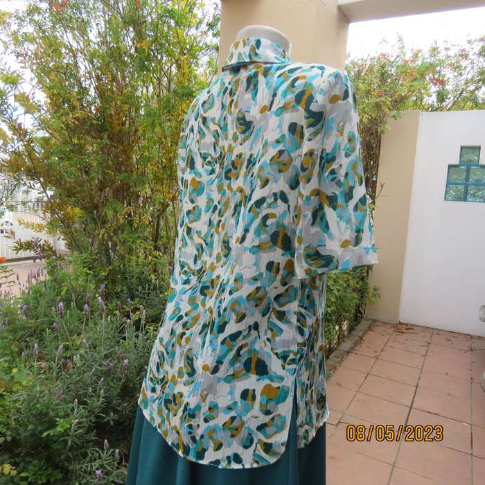 SACHEL white polyester short sleeve top with graphic gold-jade-grey print. Size 36