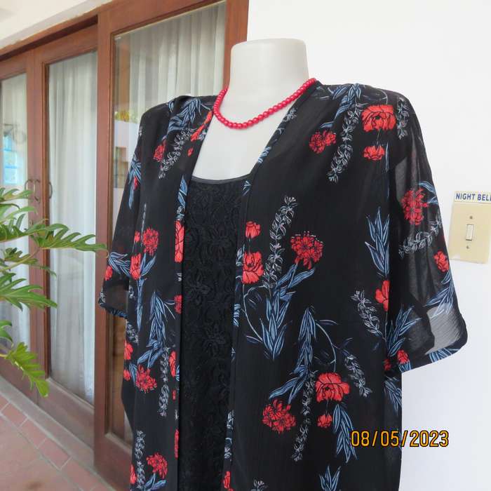 BELOVED sheer black polyester long open jacket with red flowers. Size 40