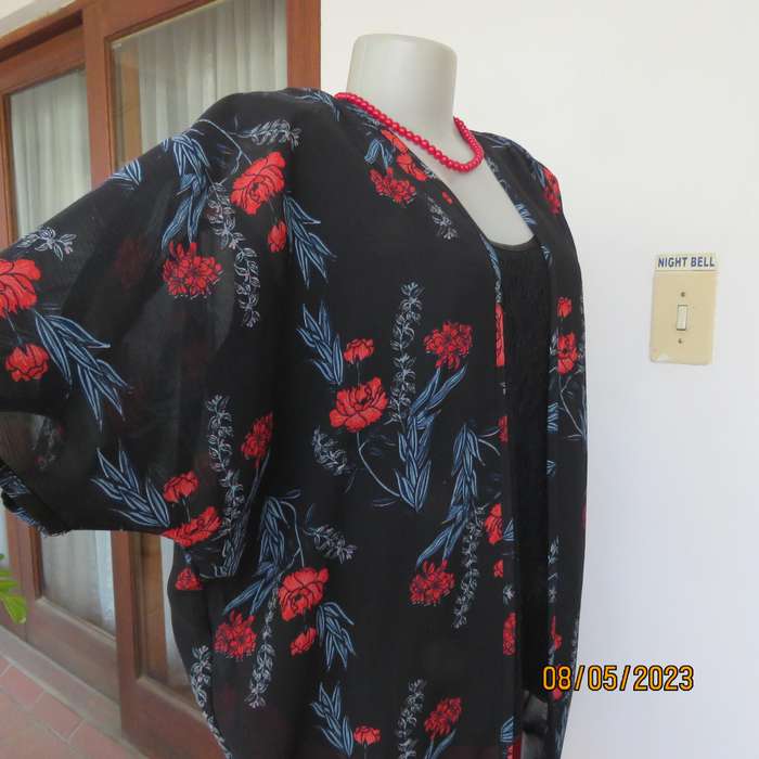 BELOVED sheer black polyester long open jacket with red flowers. Size 40