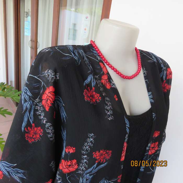 BELOVED sheer black polyester long open jacket with red flowers. Size 40