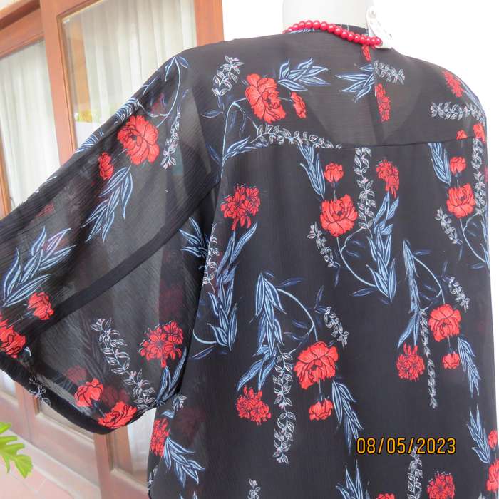BELOVED sheer black polyester long open jacket with red flowers. Size 40