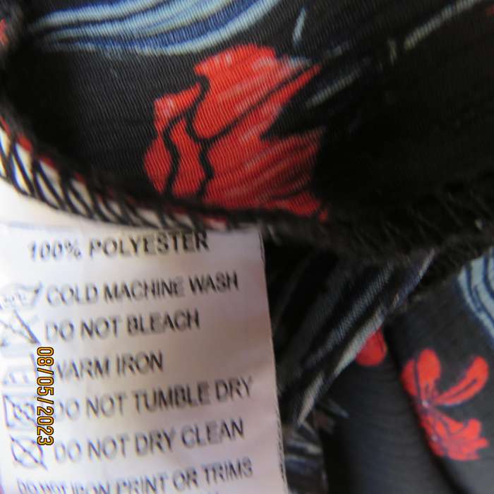 BELOVED sheer black polyester long open jacket with red flowers. Size 40