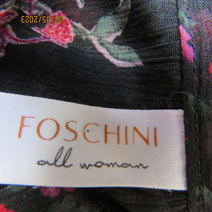 FOSHINI black sheer polyester long sleeve top with red flowers. Tie collar. Size 36