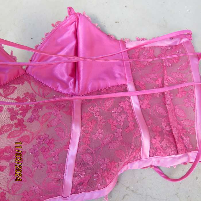 Rose pink-silver richly embroidered size 34 evening corset. Braided back.