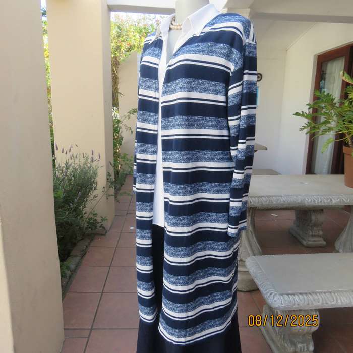 Navy-white horizontal striped stretch polyester long sleeve open coat size 42