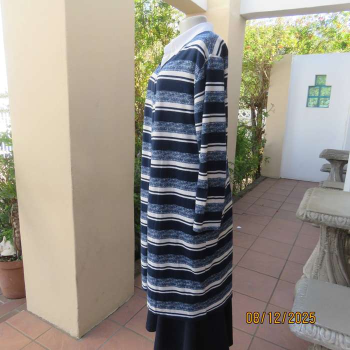 Navy-white horizontal striped stretch polyester long sleeve open coat size 42