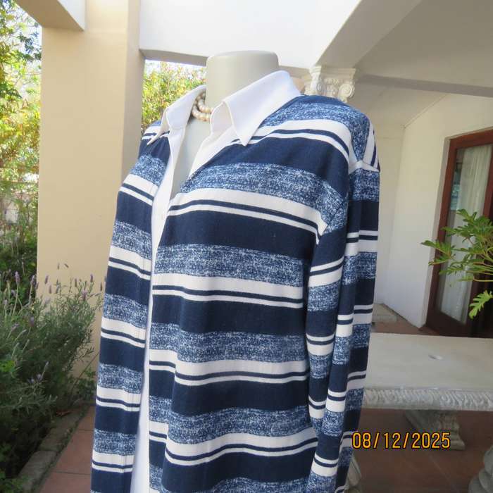 Navy-white horizontal striped stretch polyester long sleeve open coat size 42