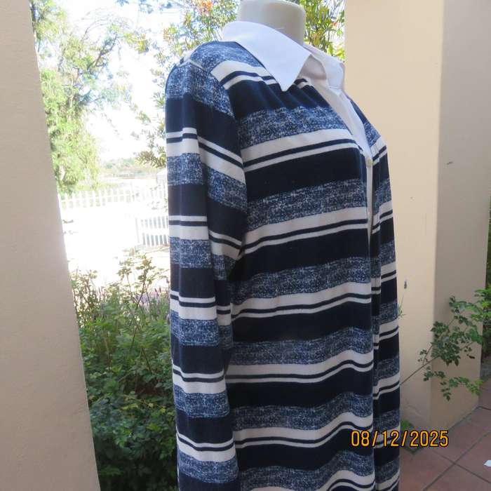 Navy-white horizontal striped stretch polyester long sleeve open coat size 42