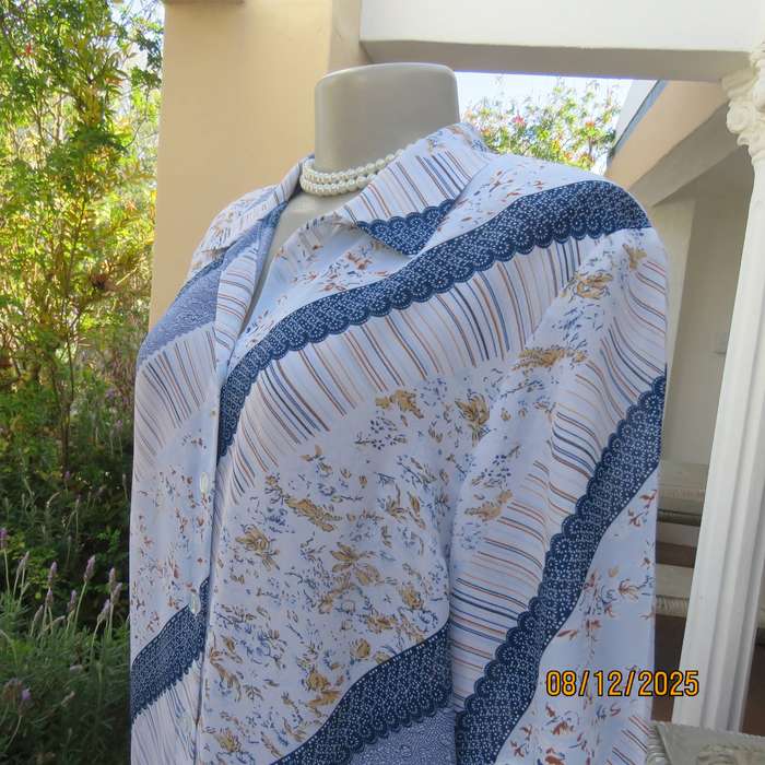 BASICS short sleeve diagonal pattern stripe top in blue-gold and white. Size 38