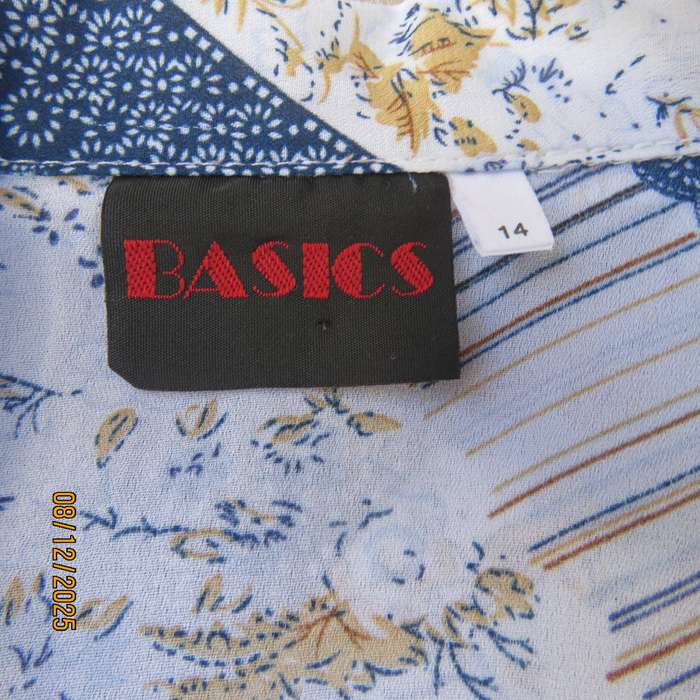 BASICS short sleeve diagonal pattern stripe top in blue-gold and white. Size 38