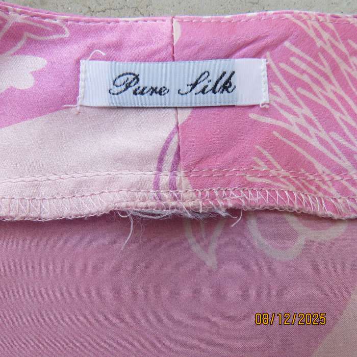 Rose pink floral fold over pure silk top. Tiny capped sleeves. Size 34
