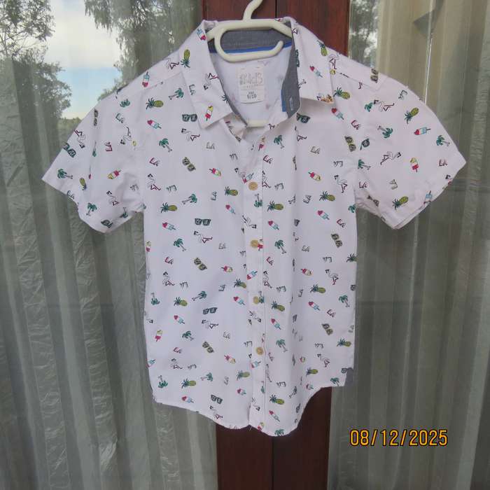 REAL Kids white cotton shirt with colourful patterns. For 9 to 10 year old.
