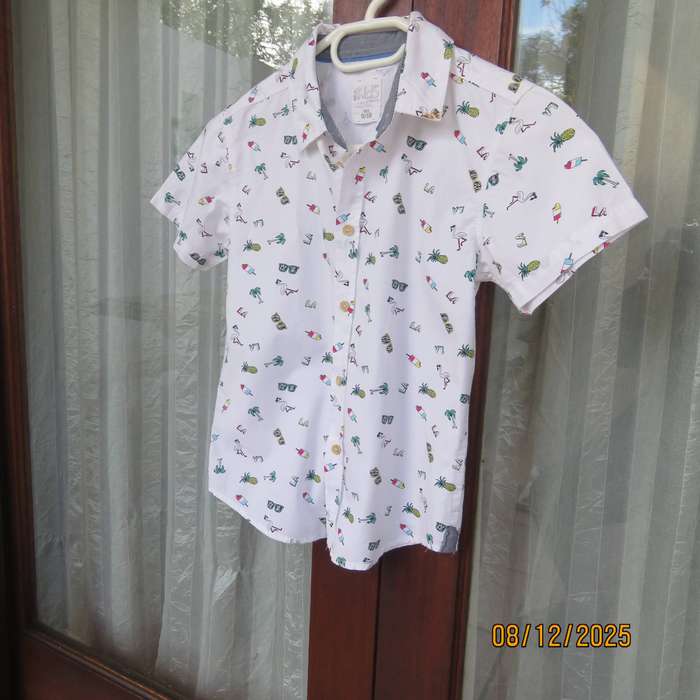 REAL Kids white cotton shirt with colourful patterns. For 9 to 10 year old.