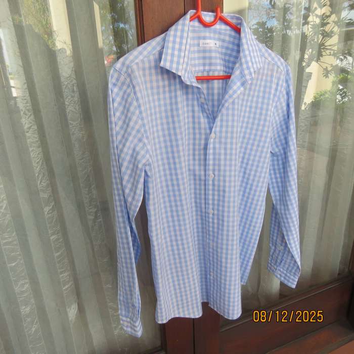 EXACT men's long sleeve blue-white check polycotton shirt. Size small. Chest 100cm.