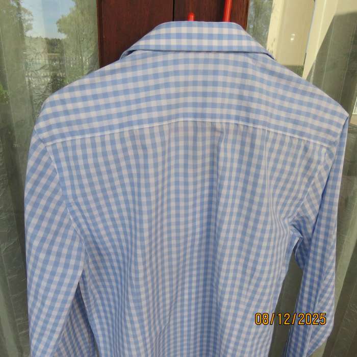 EXACT men's long sleeve blue-white check polycotton shirt. Size small. Chest 100cm.