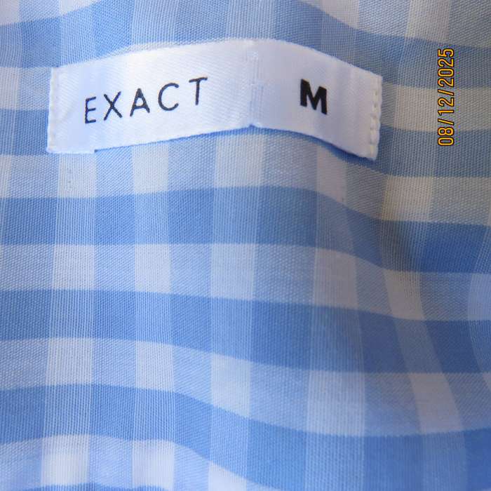 EXACT men's long sleeve blue-white check polycotton shirt. Size small. Chest 100cm.