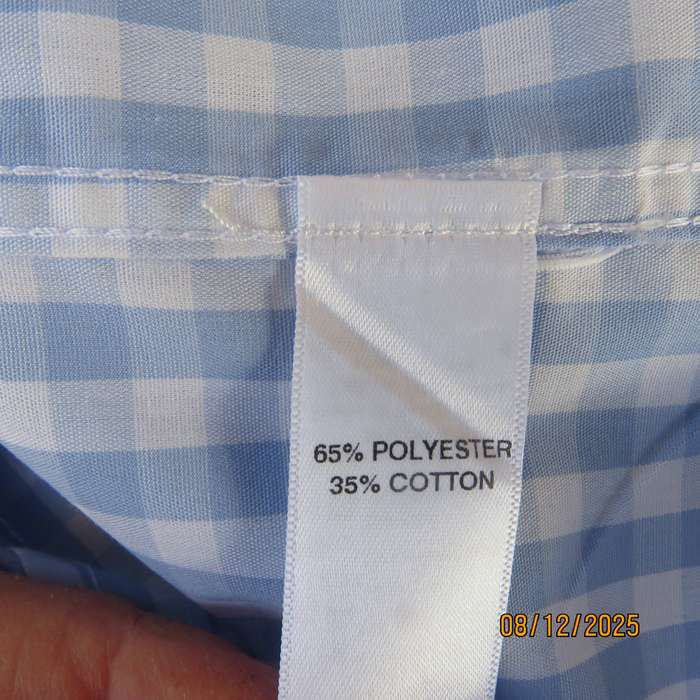 EXACT men's long sleeve blue-white check polycotton shirt. Size small. Chest 100cm.