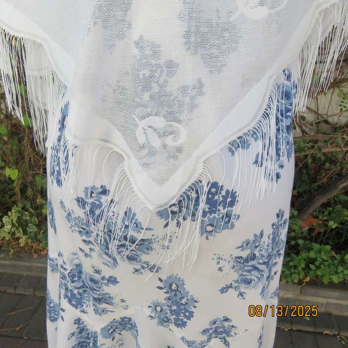 White sheer polyester triangle shawl with scalloped fringed edging. New