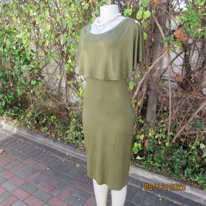 Dark olive green slip over polycotton stretch sleeveless dress. Wide overlay collar. Size 36