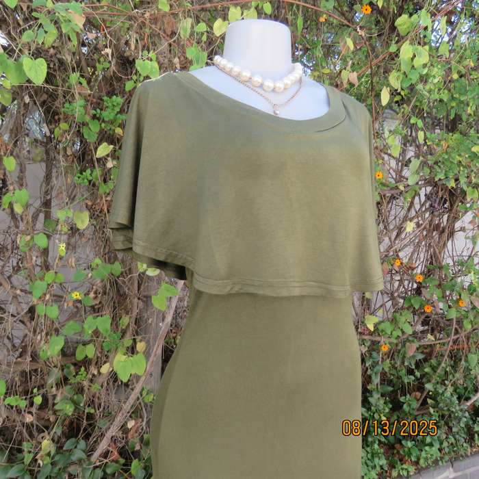 Dark olive green slip over polycotton stretch sleeveless dress. Wide overlay collar. Size 36