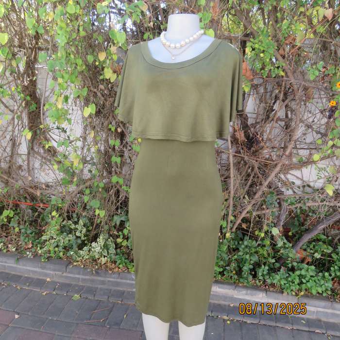 Dark olive green slip over polycotton stretch sleeveless dress. Wide overlay collar. Size 36