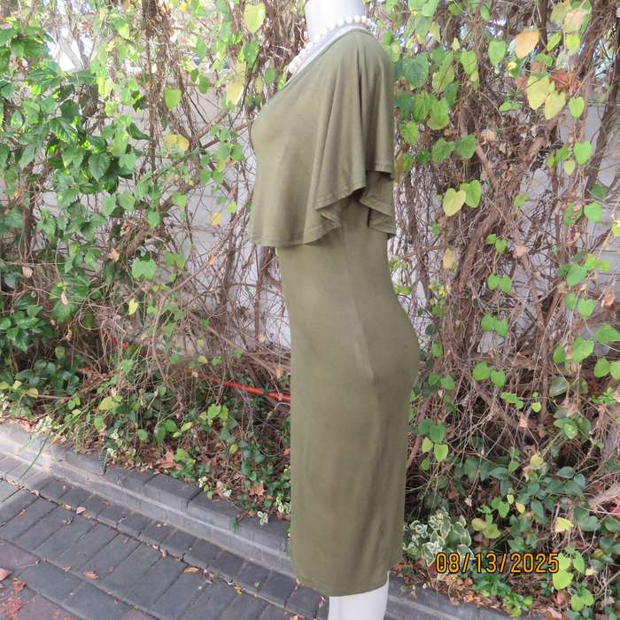Dark olive green slip over polycotton stretch sleeveless dress. Wide overlay collar. Size 36
