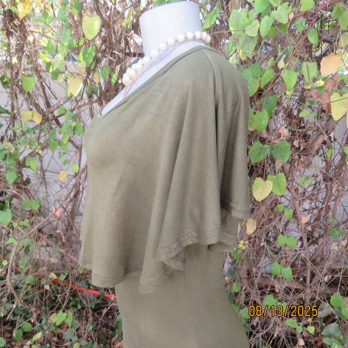Dark olive green slip over polycotton stretch sleeveless dress. Wide overlay collar. Size 36