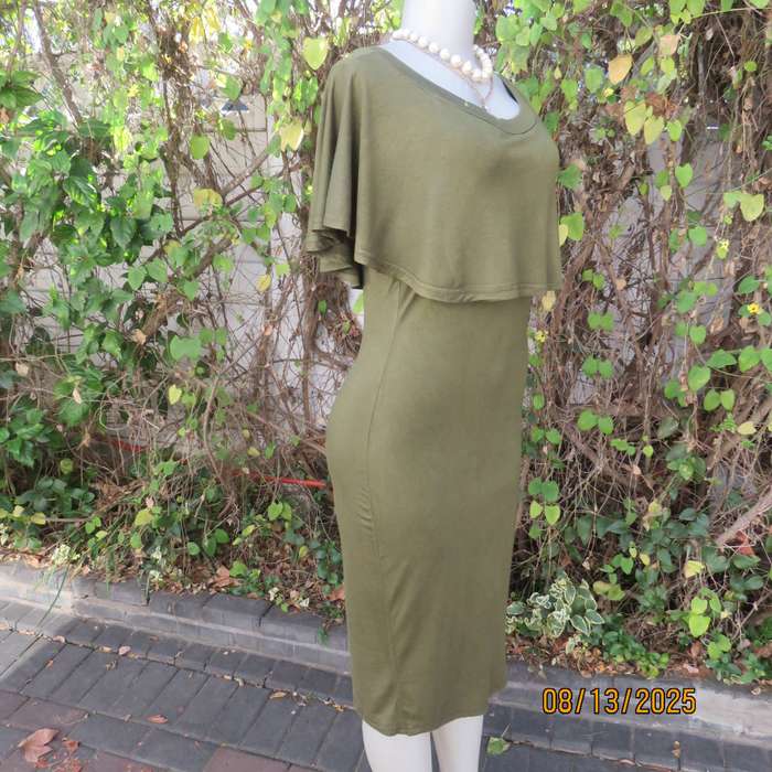Dark olive green slip over polycotton stretch sleeveless dress. Wide overlay collar. Size 36
