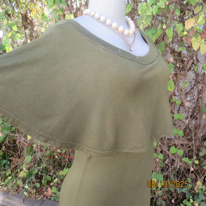 Dark olive green slip over polycotton stretch sleeveless dress. Wide overlay collar. Size 36