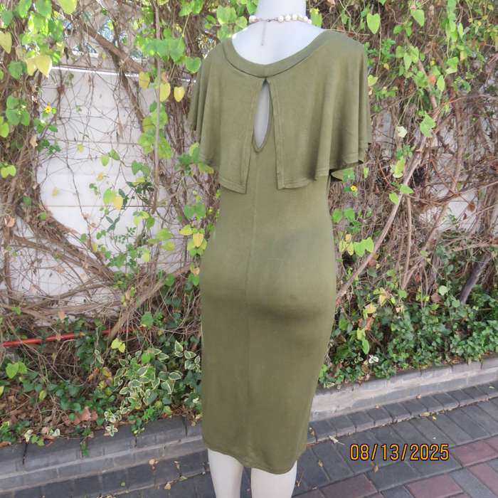 Dark olive green slip over polycotton stretch sleeveless dress. Wide overlay collar. Size 36
