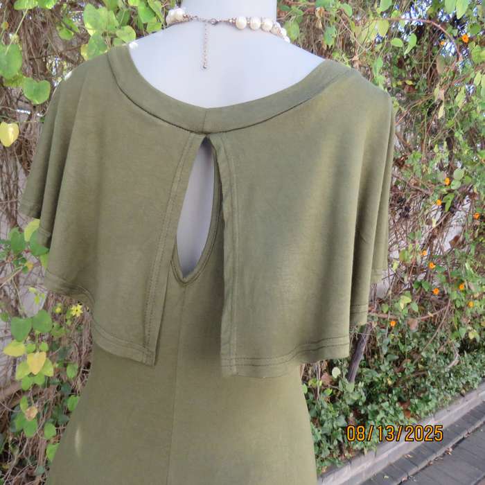 Dark olive green slip over polycotton stretch sleeveless dress. Wide overlay collar. Size 36
