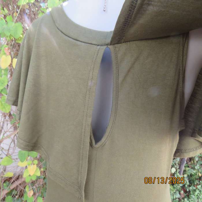 Dark olive green slip over polycotton stretch sleeveless dress. Wide overlay collar. Size 36