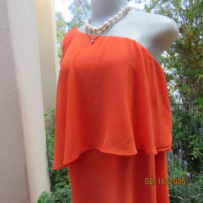 Tangerine free falling sheer polyester one shoulder dress -asymmetrical seamline. Size 38