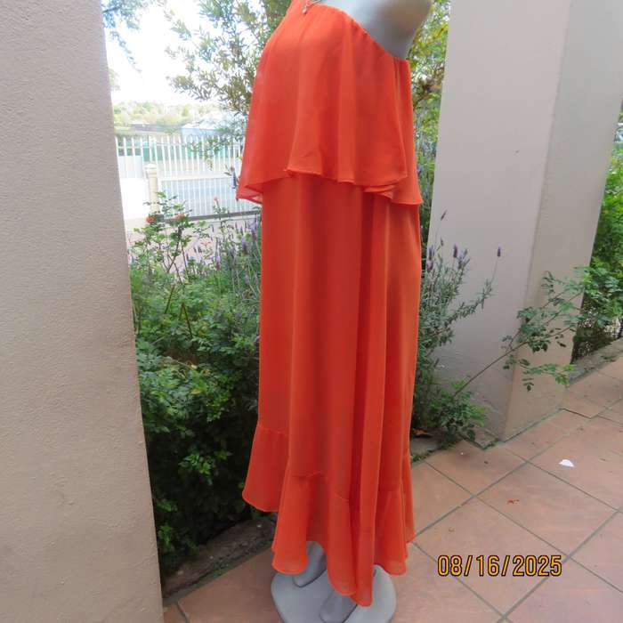 Tangerine free falling sheer polyester one shoulder dress -asymmetrical seamline. Size 38