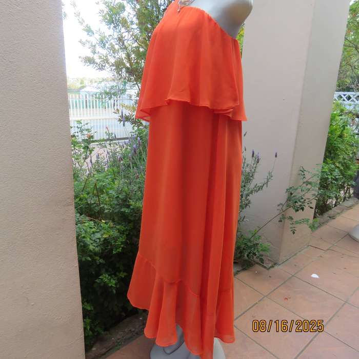 Tangerine free falling sheer polyester one shoulder dress -asymmetrical seamline. Size 38
