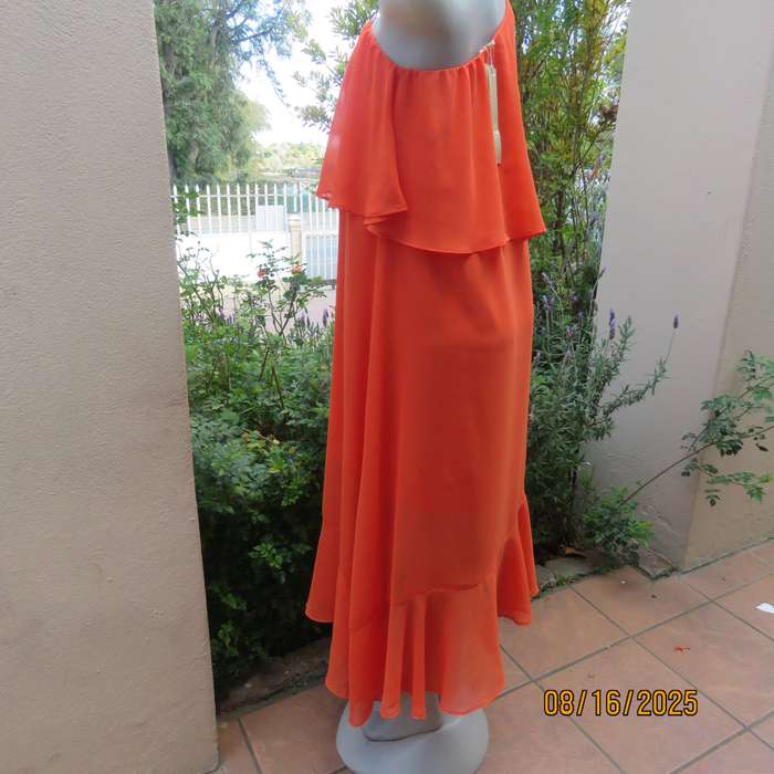 Tangerine free falling sheer polyester one shoulder dress -asymmetrical seamline. Size 38