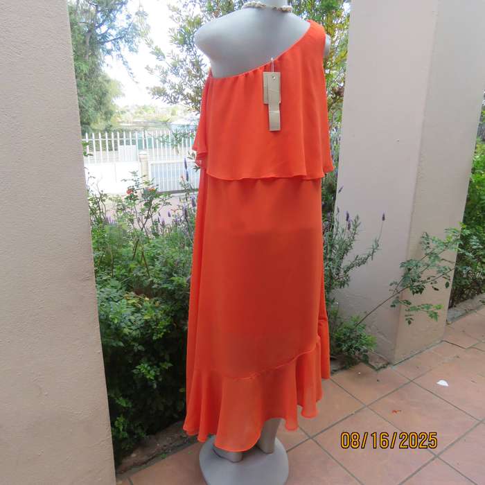 Tangerine free falling sheer polyester one shoulder dress -asymmetrical seamline. Size 38
