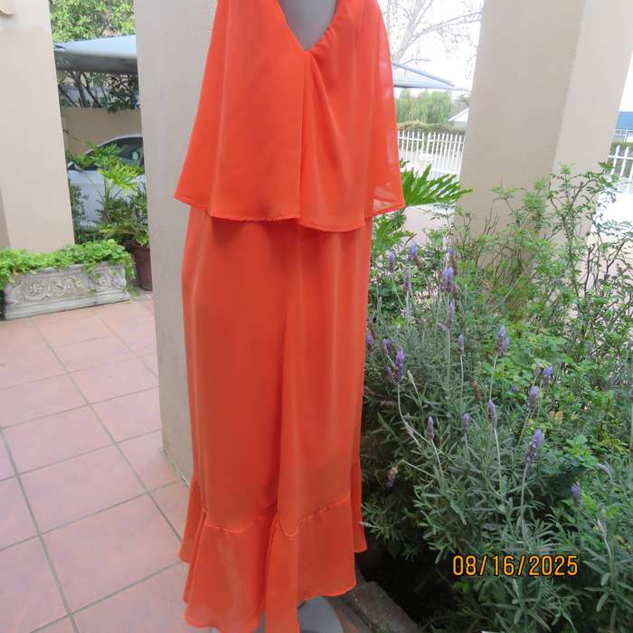 Tangerine free falling sheer polyester one shoulder dress -asymmetrical seamline. Size 38