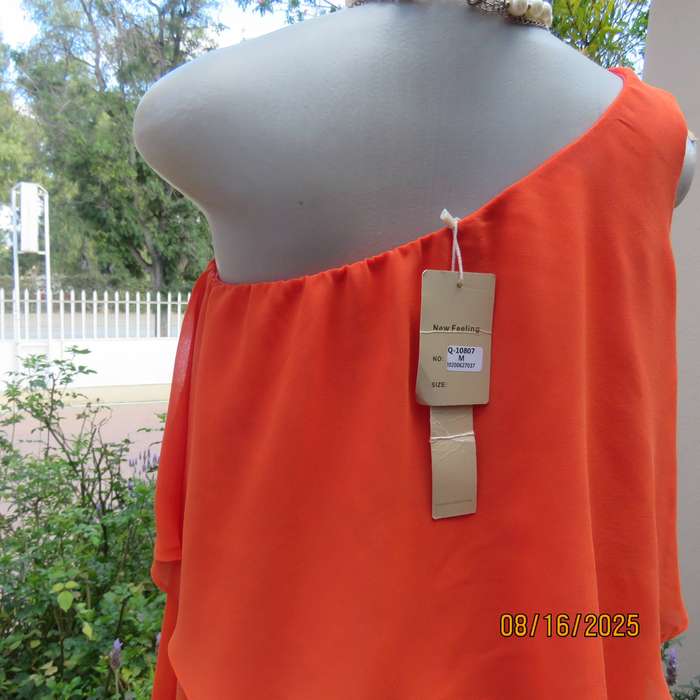 Tangerine free falling sheer polyester one shoulder dress -asymmetrical seamline. Size 38