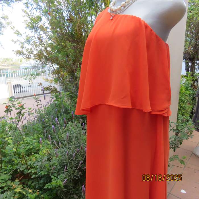 Tangerine free falling sheer polyester one shoulder dress -asymmetrical seamline. Size 38