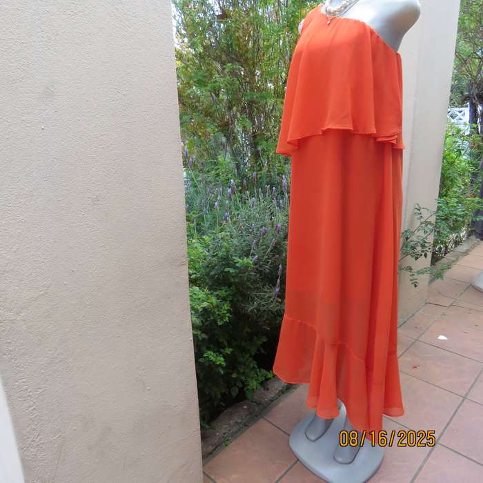 Tangerine free falling sheer polyester one shoulder dress -asymmetrical seamline. Size 38