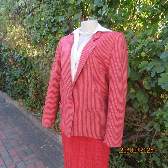 TOPICS smart woolen crimson-white- brownish vertical striped fully lined jacket. Size 36