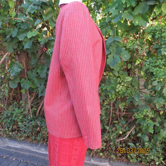 TOPICS smart woolen crimson-white- brownish vertical striped fully lined jacket. Size 36